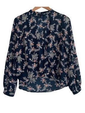 Lush Paisley Floral V-Neck Choker Collar Wrap Blouse Blue Size Extra Small